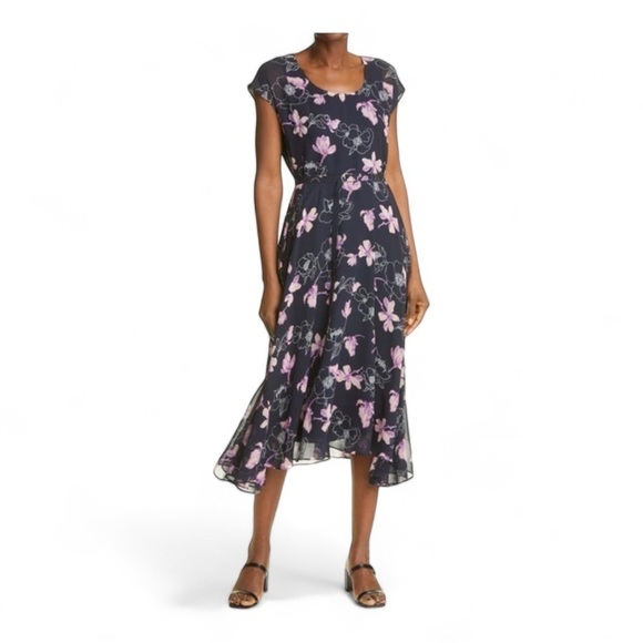 Club Monaco Soft Print Silk Midi Dress in Navy - Picture 9 of 9